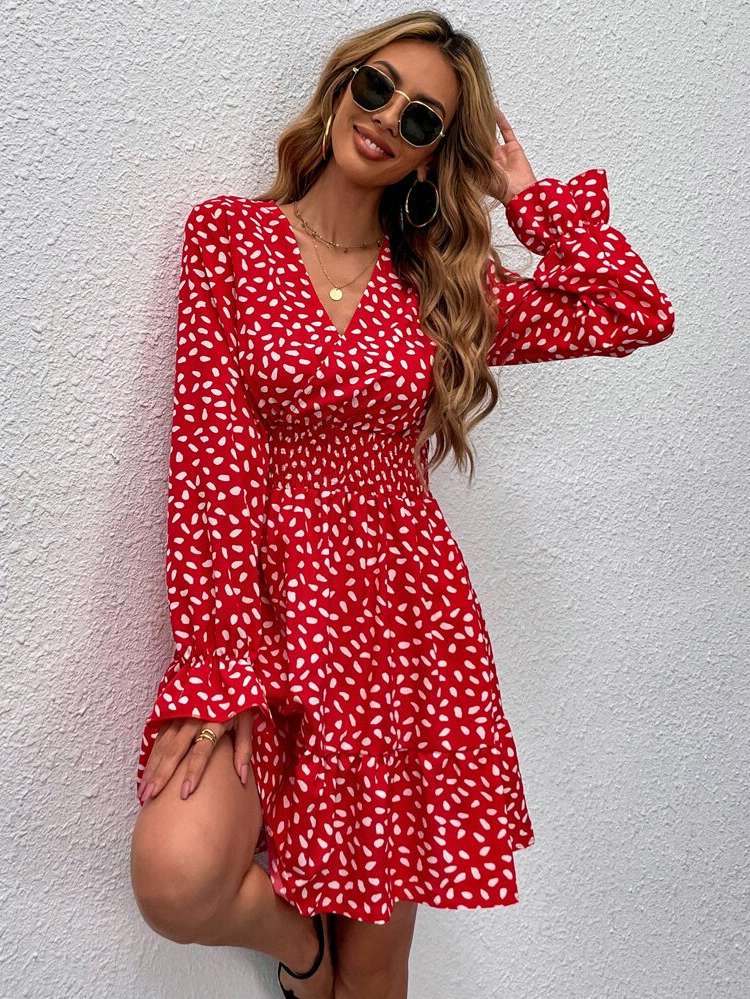 Shirred Regular Fit Red and White All Over Print Women Dresses 8531