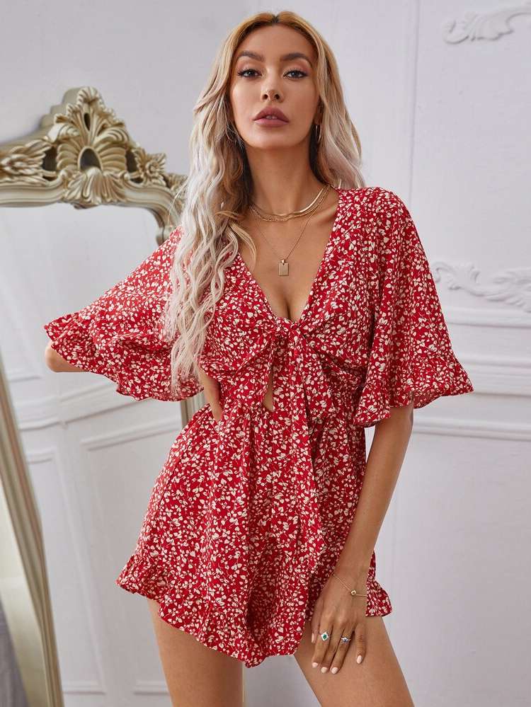 Ditsy Floral Regular Fit Deep V Neck Women Jumpsuits  Bodysuits 684