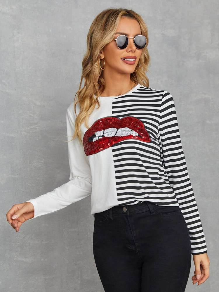 Red and White Regular Striped Contrast Sequin Women T-Shirts 9427