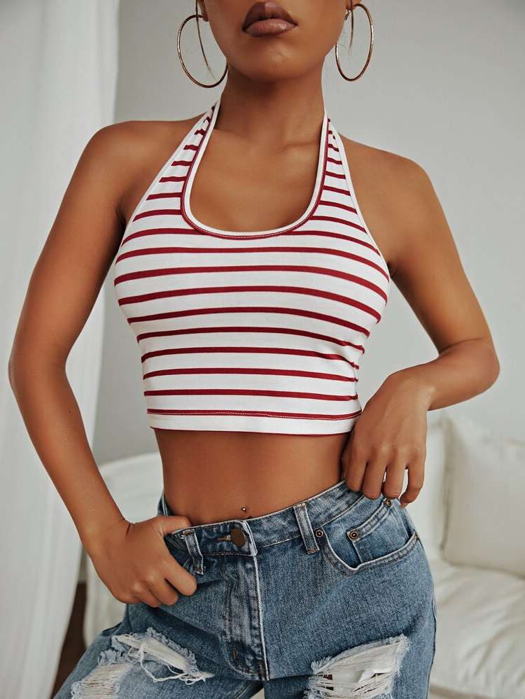 Crop Striped  Women Tops, Blouses  Tee 7798