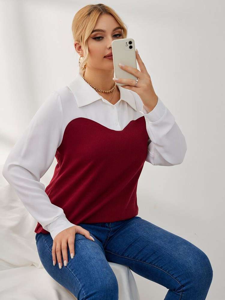  Colorblock Button Regular Plus Size Women Tops 6938