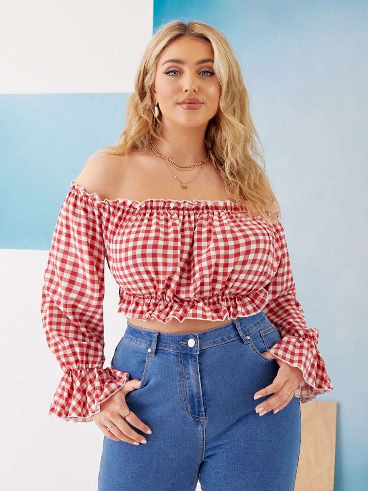 Long Sleeve Crop Off the Shoulder Regular Fit Plus Size Blouses 8136