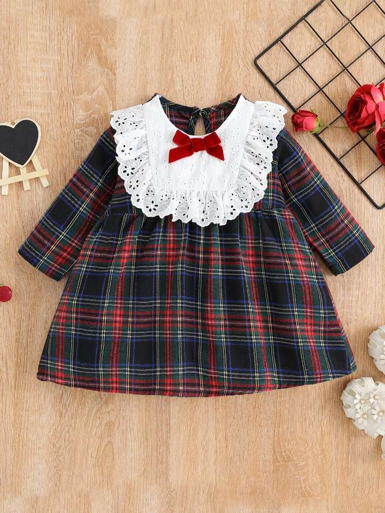 Tartan Bow Round Neck Knee Length Baby  Mom 5938