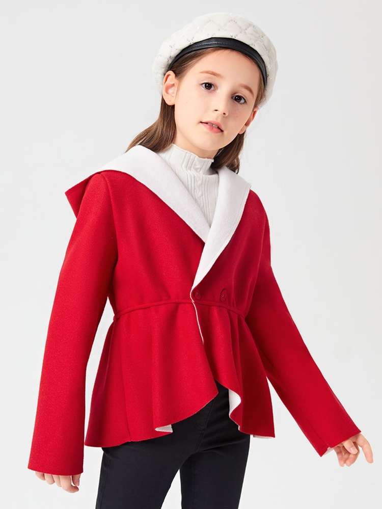 Red Regular Colorblock Dressy Girls Overcoats 9394