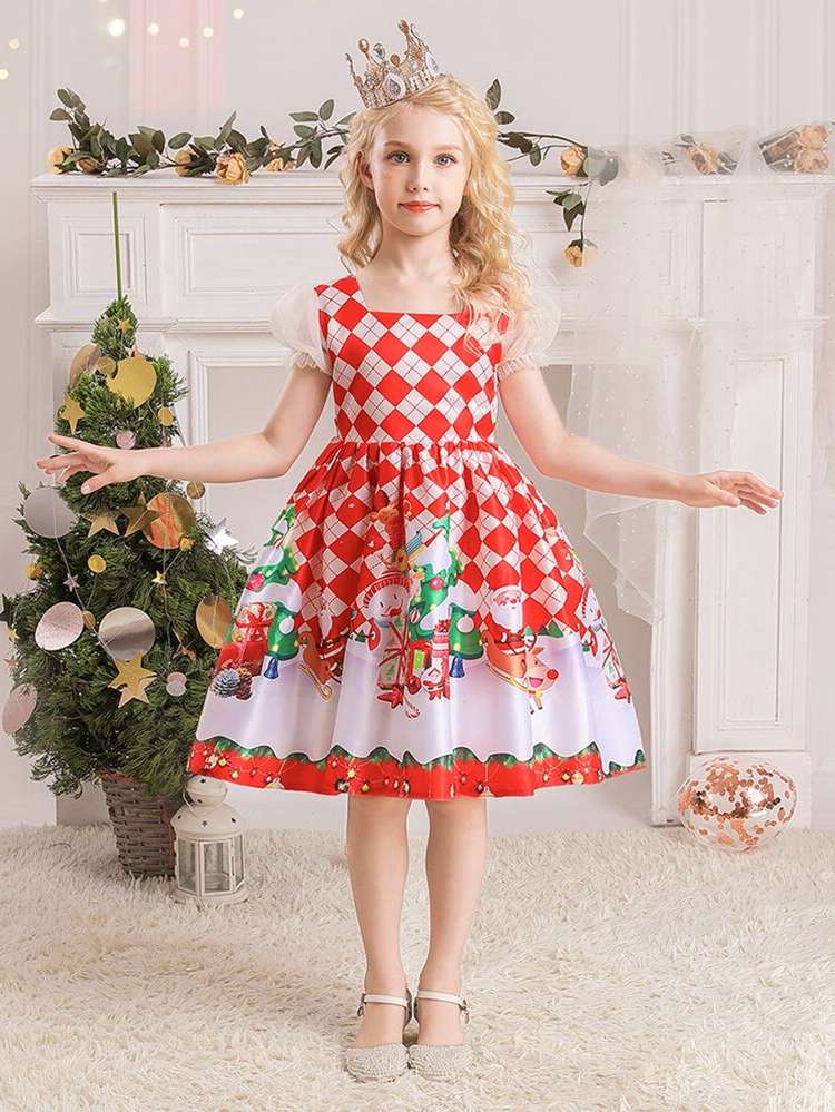 Contrast Mesh Midi Christmas Red Kids Clothing 3952