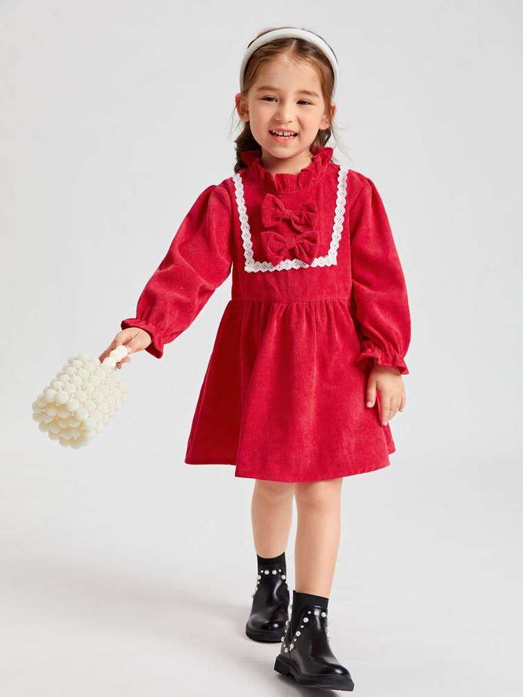 Stand Collar Plain Red Contrast Lace Kids Clothing 410