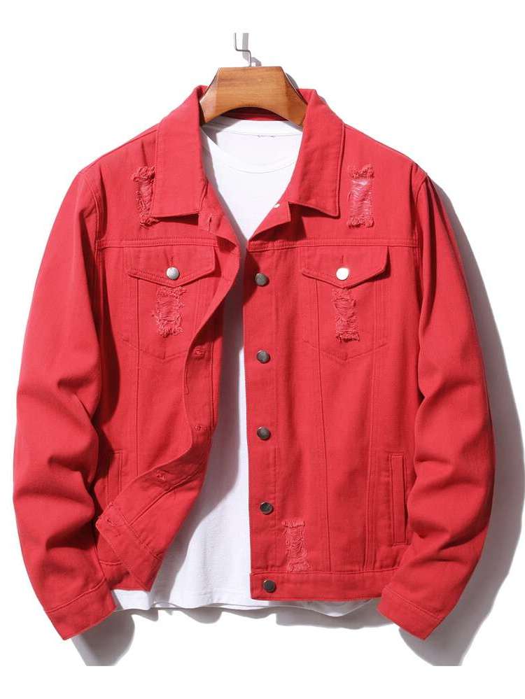 Casual Collar Red Regular Men Denim Jackets 3589