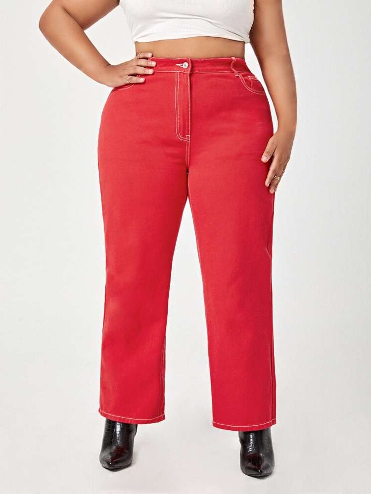  Red Plain Regular Fit Women Plus Clothing 907