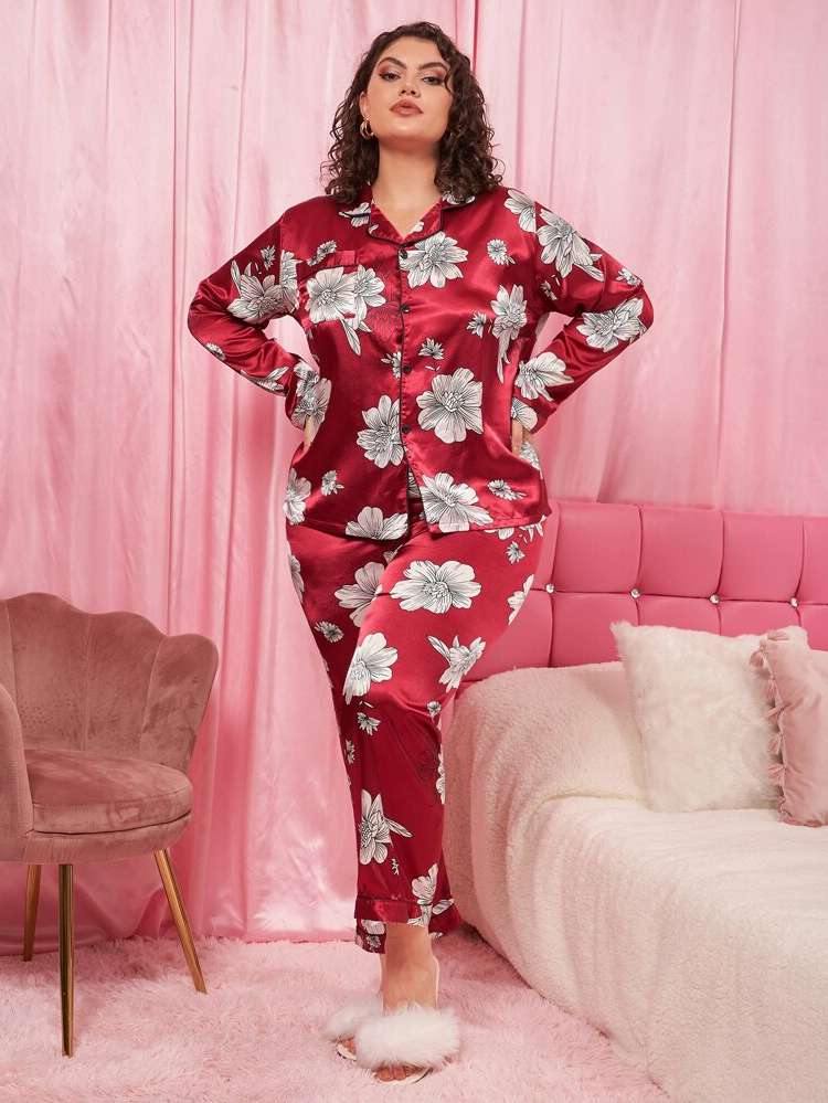 Red Lapel Floral Women Plus Sleep  Lounge 3584