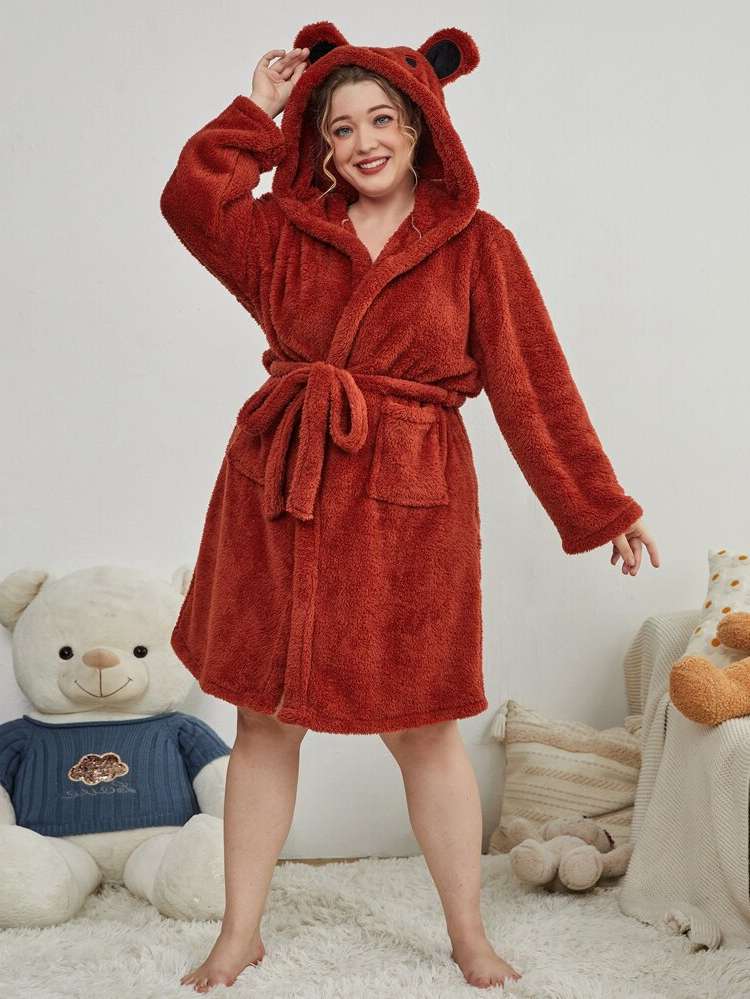 Belted Long Sleeve Red Plus Size Robes  Robe Sets 9775