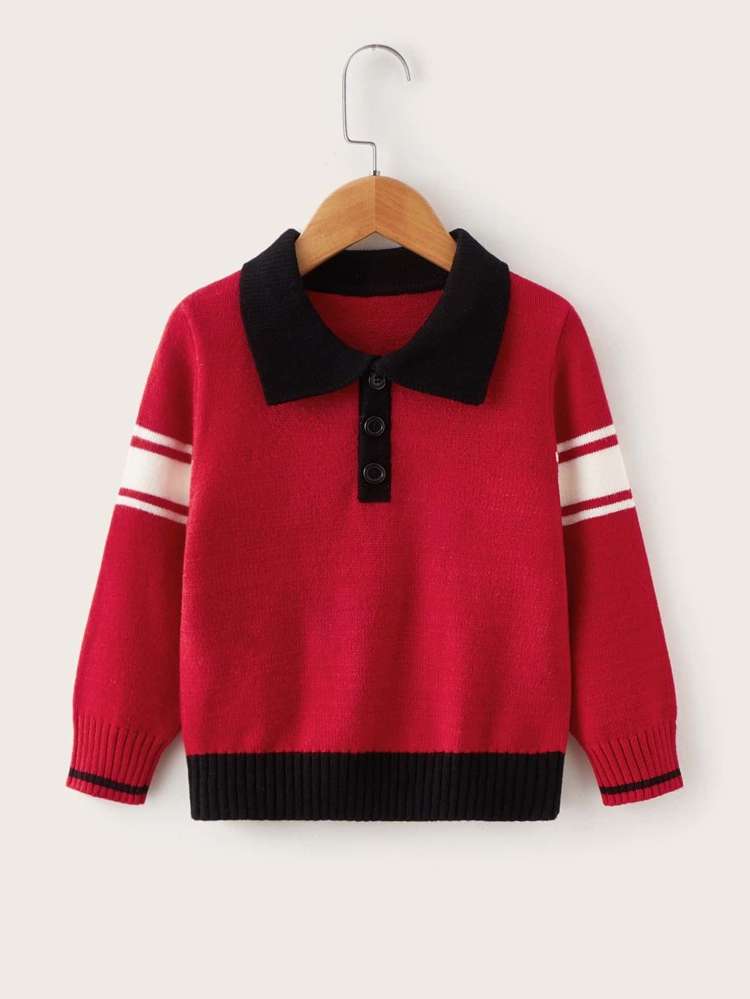 Red Regular Button Striped Toddler Boy Sweaters 9993