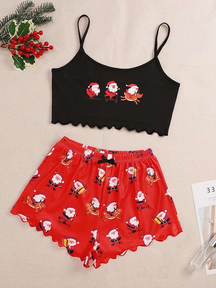 Lettuce Trim Christmas Spaghetti Strap Cute Underwear  Sleepwear 7613