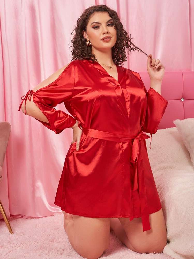  Belted V neck Plus Size Robes  Robe Sets 1404