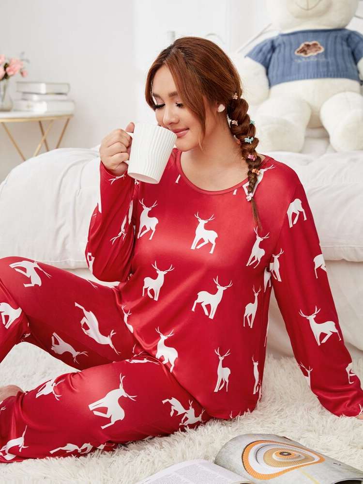 Red Casual Round Neck Animal Plus Size Pajama Sets 5101