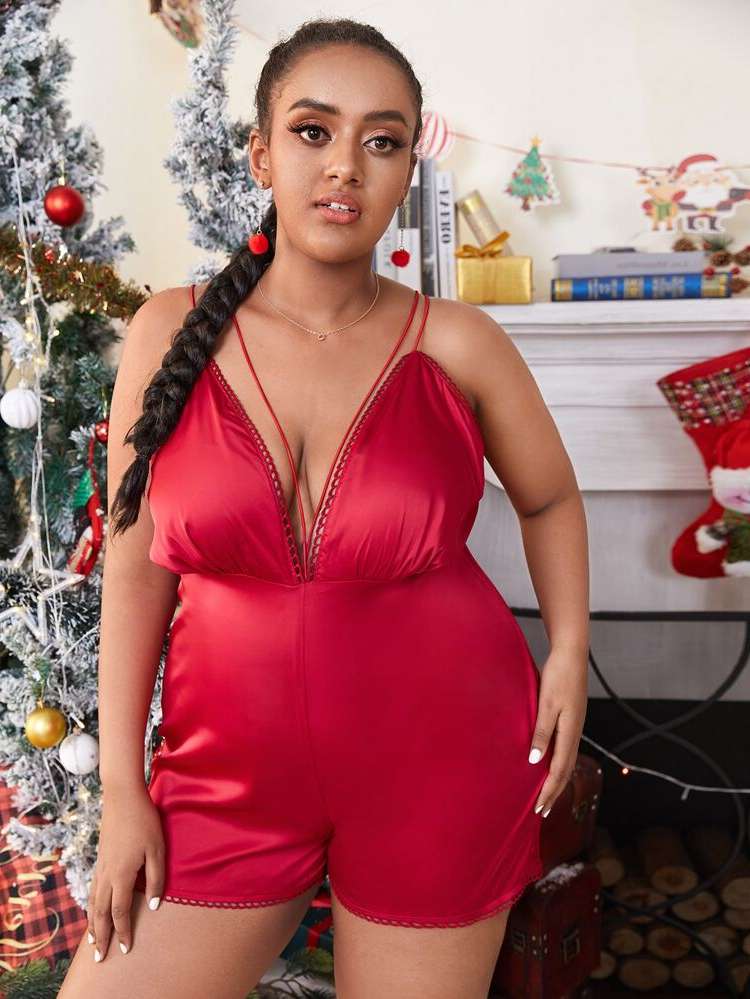 Sexy Spaghetti Strap Backless Plus Size Sleep Jumpsuits 8639