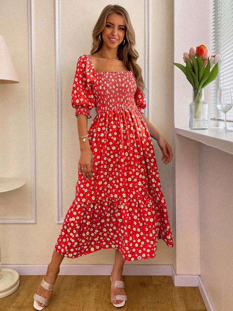 Floral Long Ruffle Hem Regular Fit Women Dresses 5764