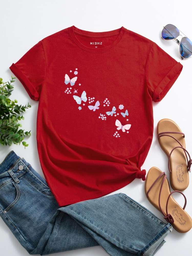 Short Sleeve Casual Red Women T-Shirts 7912