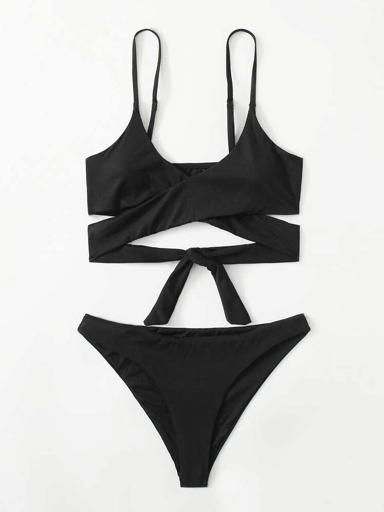 Spaghetti Strap Criss Cross Plain Women Swimwear 2047