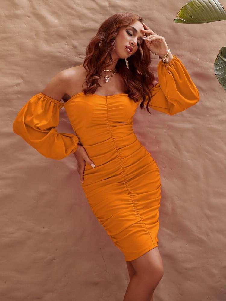 Ruched Short Long Sleeve Slim Fit Women Dresses 849