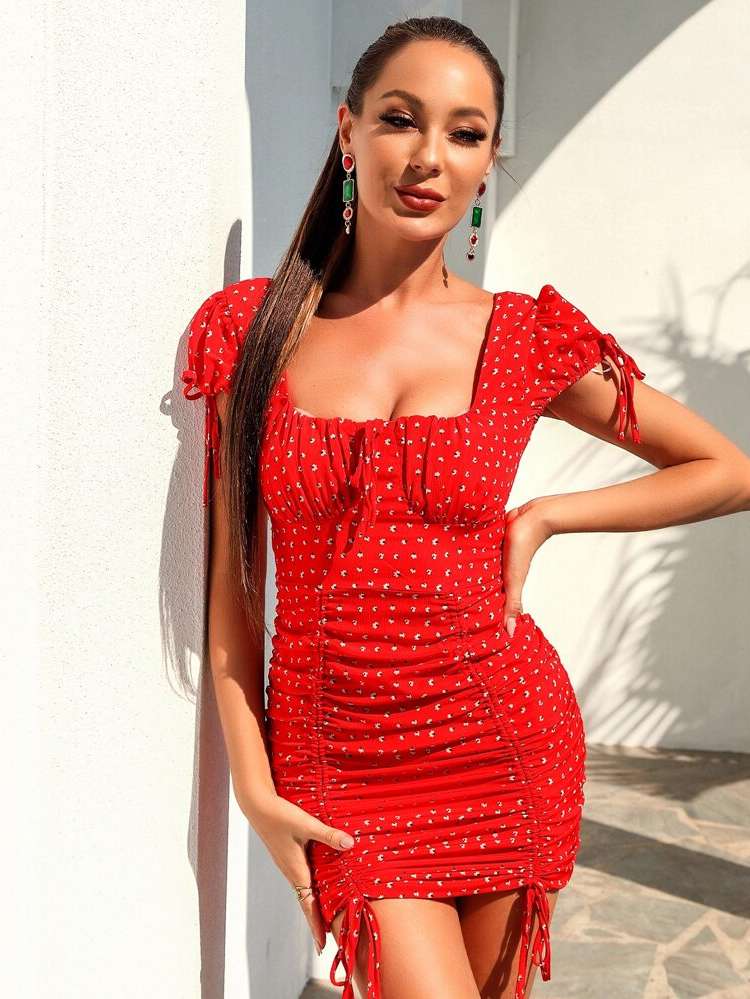 Cap Sleeve Red Mini Boho Women Dresses 6809