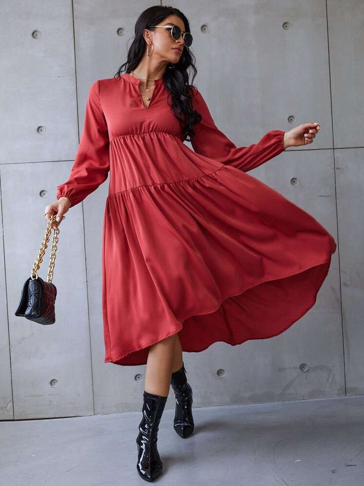 Long Sleeve Ruffle Hem Plain Cute Women Dresses 992