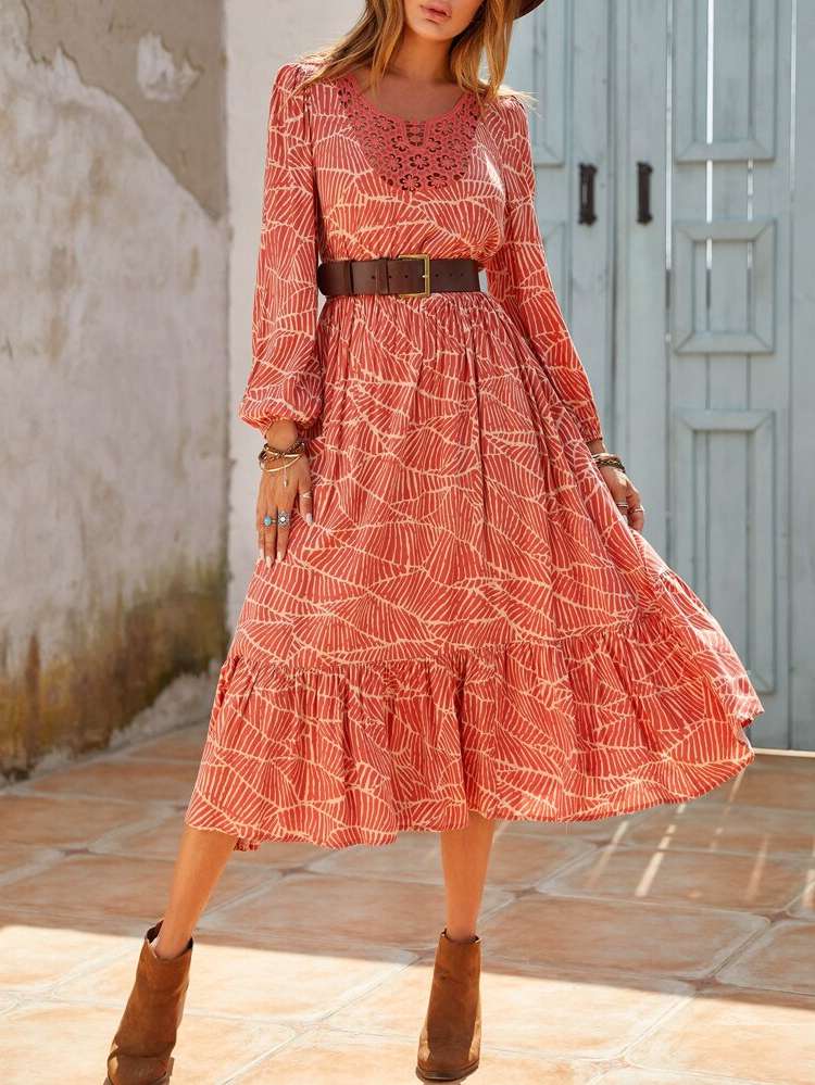  Regular Fit Contrast Lace Long Sleeve Women Dresses 91