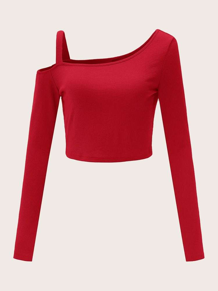  Asymmetrical Neck Plain Red Women T-Shirts 7100