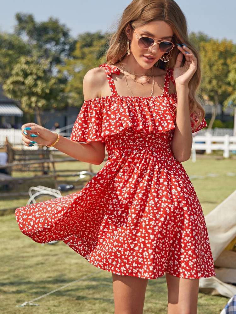  Ruffle Cold Shoulder Women Dresses 8699