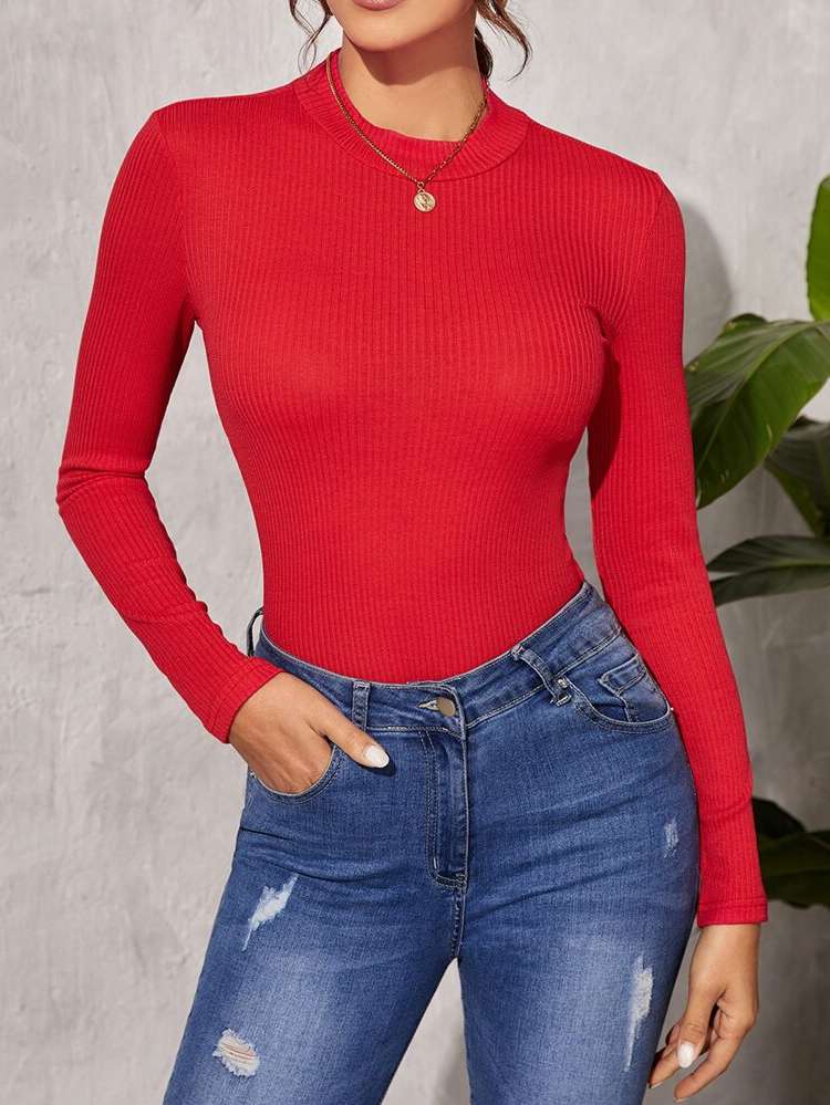 Stand Collar Long Sleeve Regular Plain Women Tops, Blouses  Tee 7412