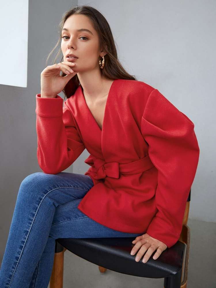 Plain Regular Red Women Outerwear 697