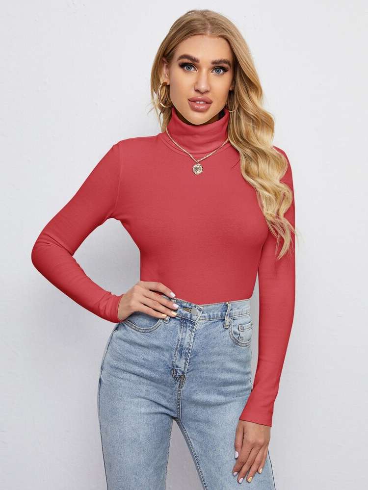 Funnel Neck Long Sleeve Plain Regular Women Tops, Blouses  Tee 1804