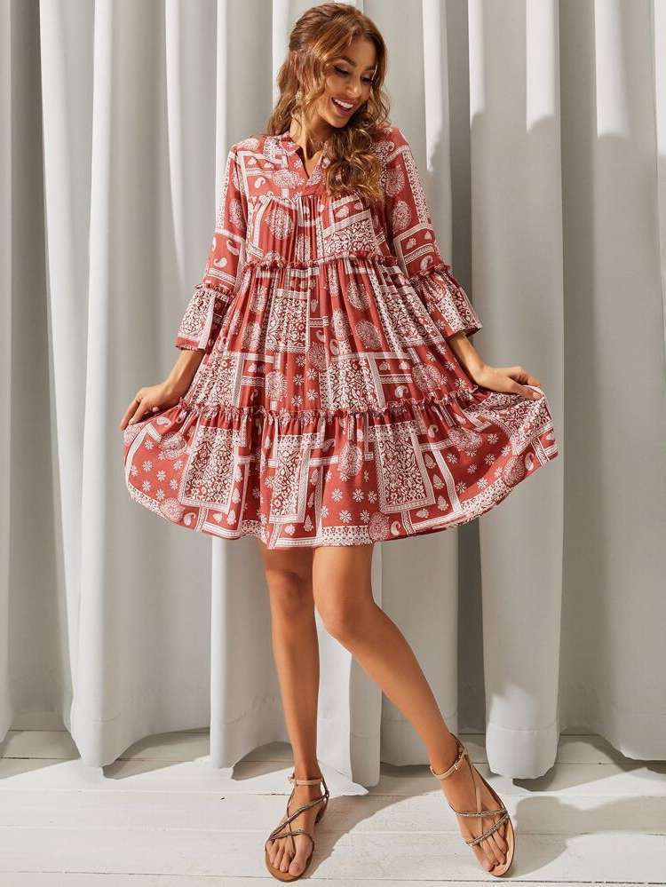 Notched Loose Red Patchwork Women Dresses 3707