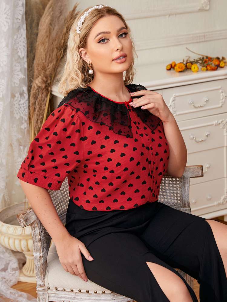 Half Sleeve Contrast Mesh Regular Red Plus Size Blouses 7165