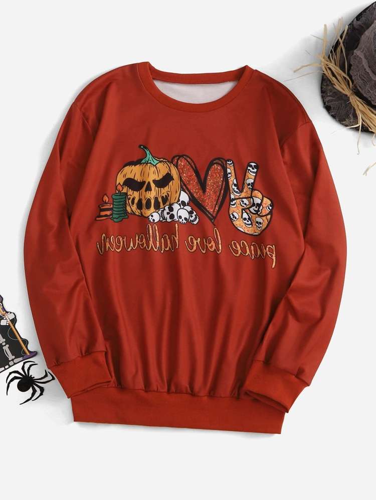 Red Casual Round Neck Halloween Plus Size Sweatshirts 4485