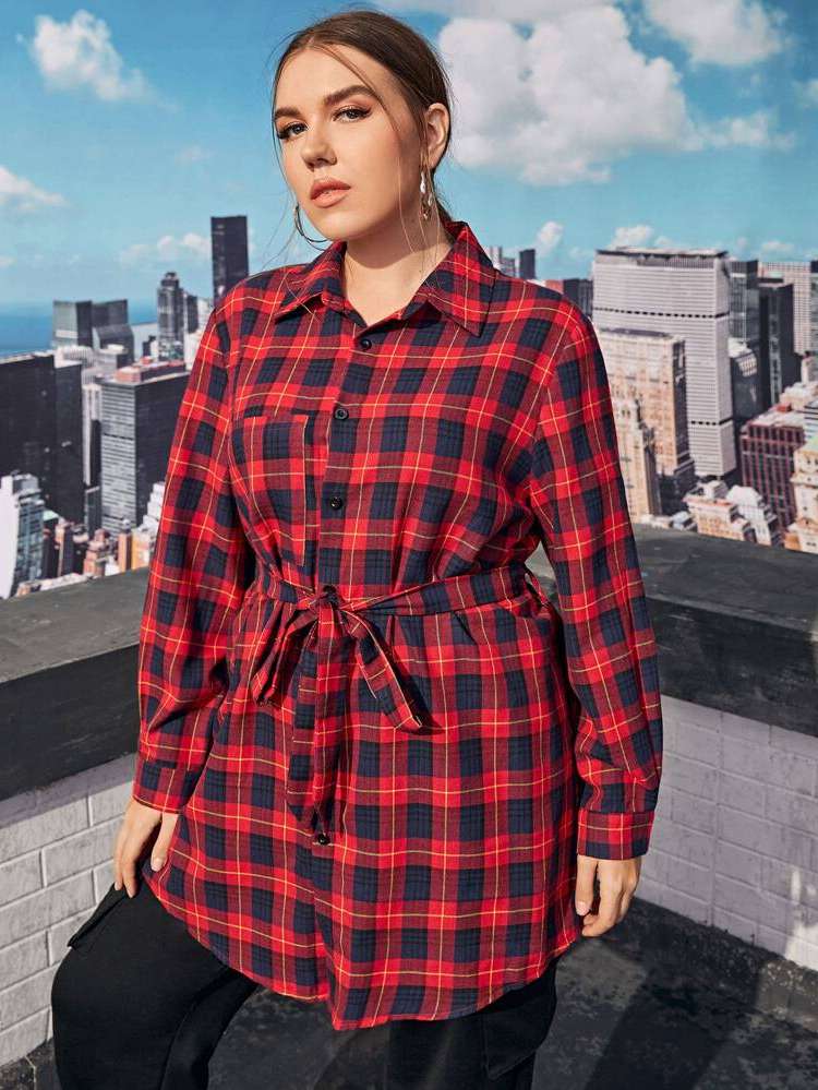 Collar Plaid Long Sleeve Red Plus Size Tops 392