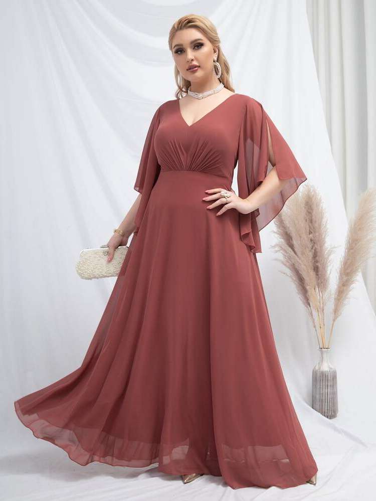 V neck Maxi Three Quarter Length Sleeve Weddings  Events 4768