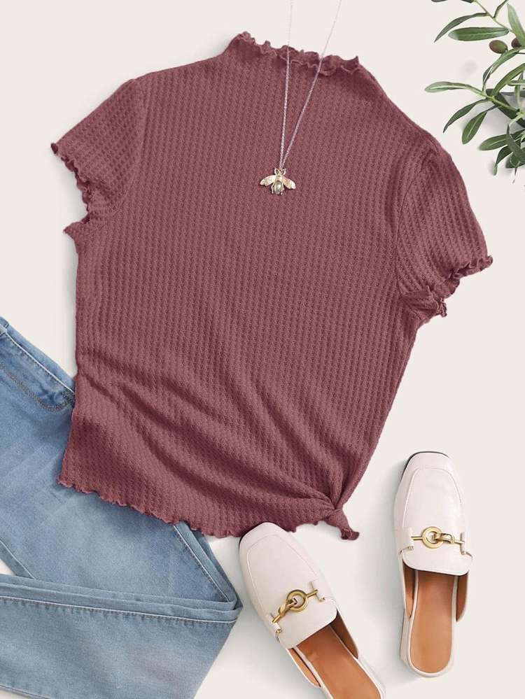 Stand Collar Plain Lettuce Trim Women Tops, Blouses  Tee 690