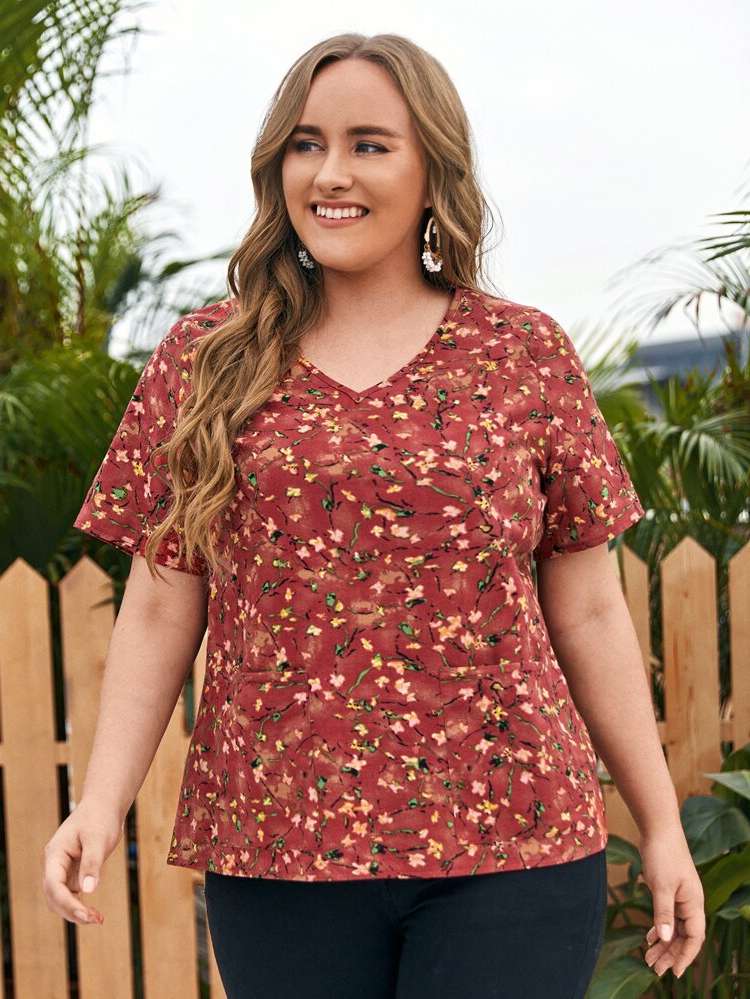 V neck Ditsy Floral Regular Fit Pocket Women Plus Clothing 57