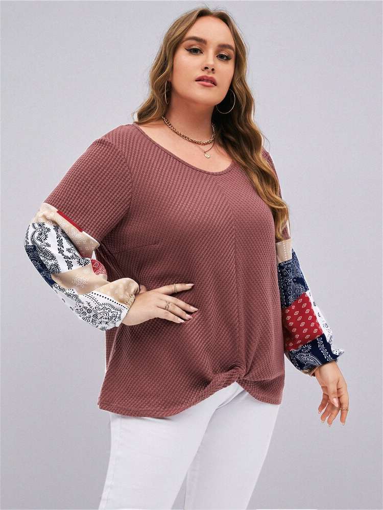 V neck Long Sleeve Regular Plus Size Tops 2452