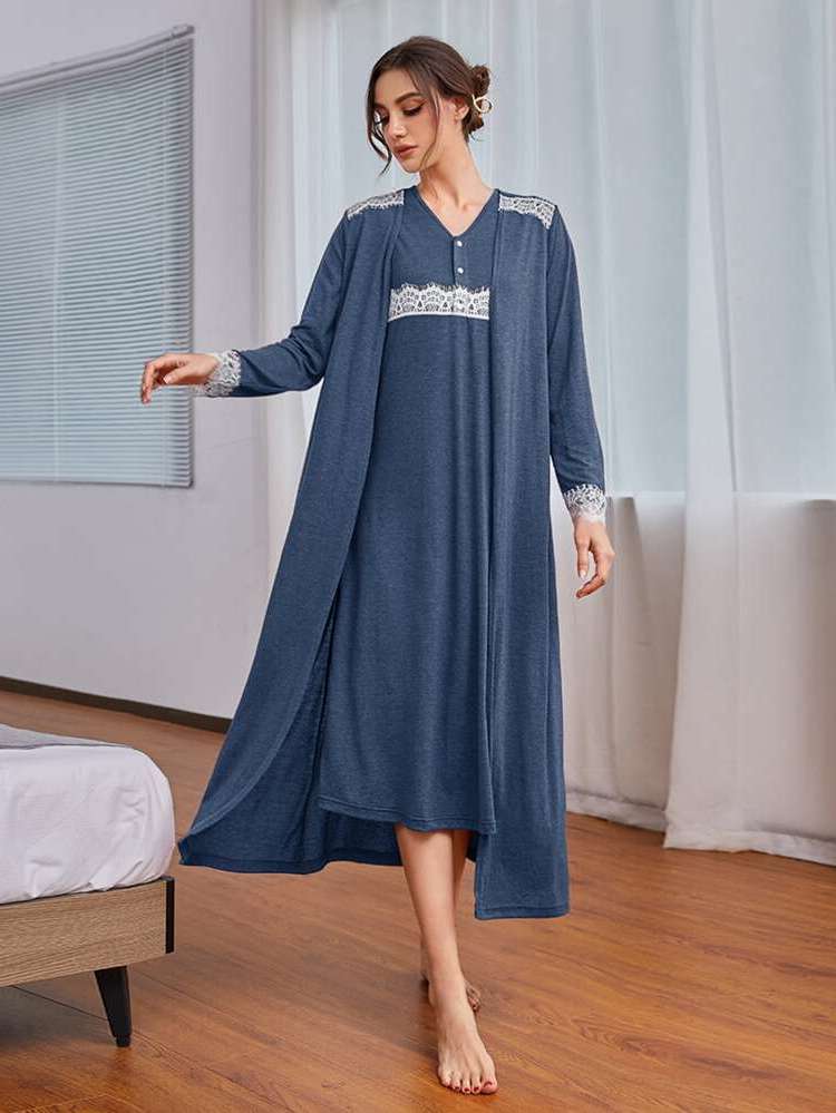 Contrast Lace Colorblock Long Sleeve Women Robes 2697