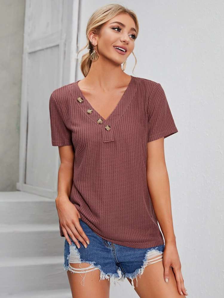 Short Sleeve Regular Fake Buttons Plain Women Tops, Blouses  Tee 2899