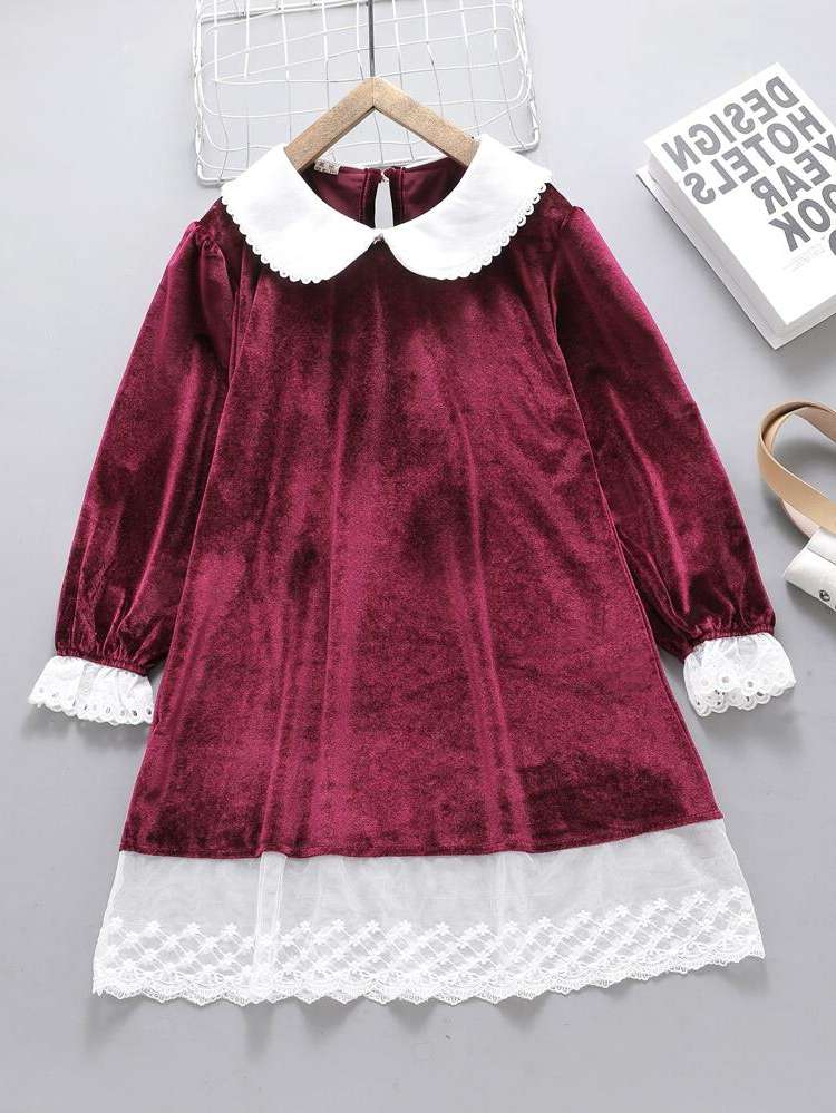 Colorblock Peter Pan Collar Rose Red Girls Dresses 6646