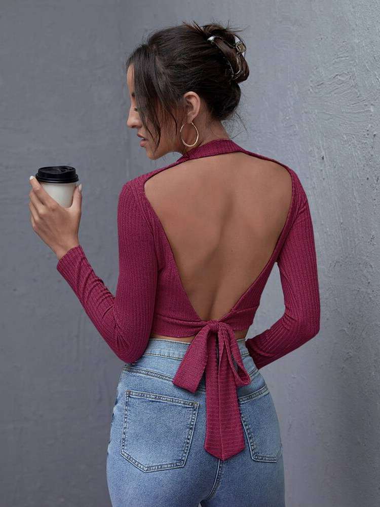 Crop Long Sleeve Slim Fit Backless Women Tops, Blouses  Tee 9541