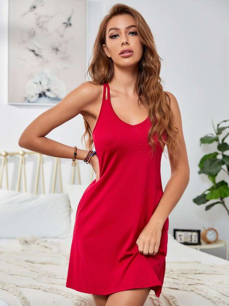  Plain Rose Red Women Lounge Dresses 9944