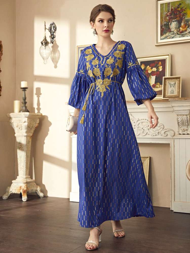 Modest V neck Embroidery Kaftan  Jalabiya 5661