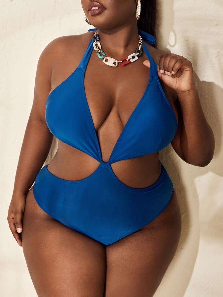 Plain Halter Cut Out Plus Size One-Pieces 651