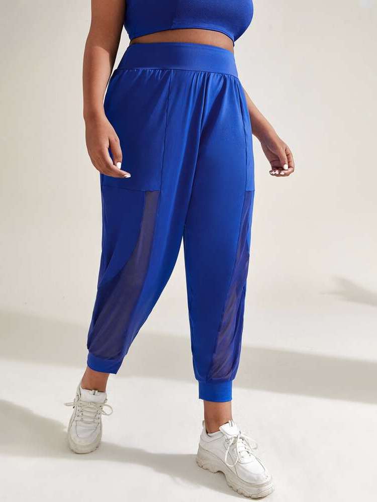 Plain Regular Fit Royal Blue Plus Size Sports Leggings  Pants 9118