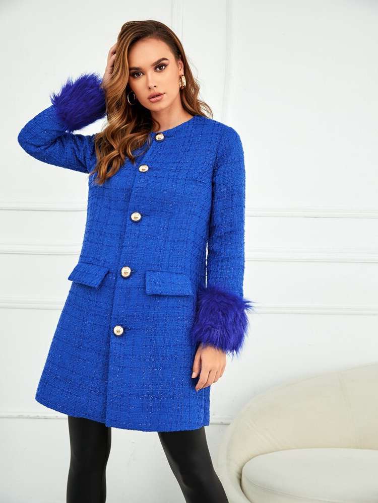 Plaid Casual Contrast Faux Fur Royal Blue Women Clothing 1622