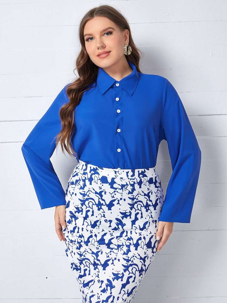  Collar Royal Blue Elegant Plus Size Blouses 562