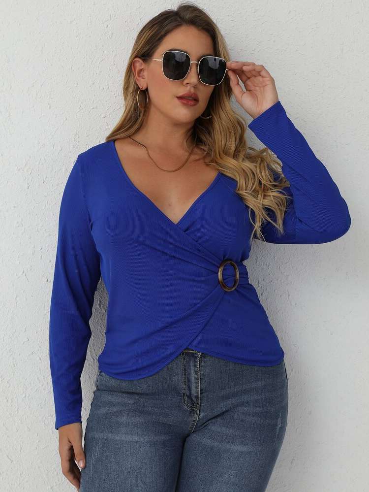 Deep V Neck Elegant Regular Royal Blue Women Plus Clothing 6450